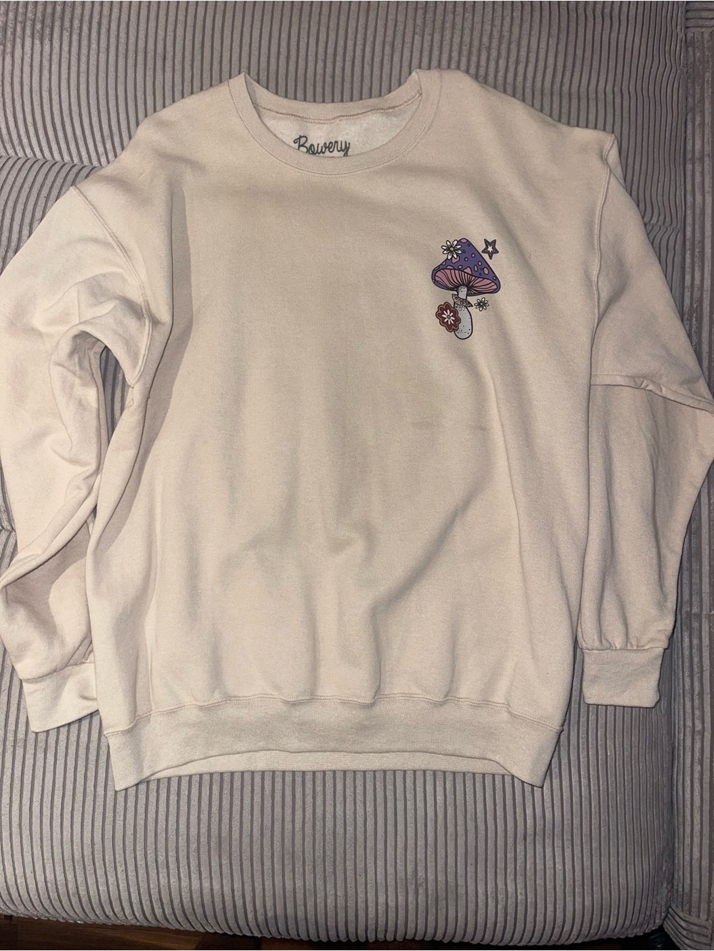 BOWERY - Avery Cream Crewneck with Purple & Red Mushroom Motif